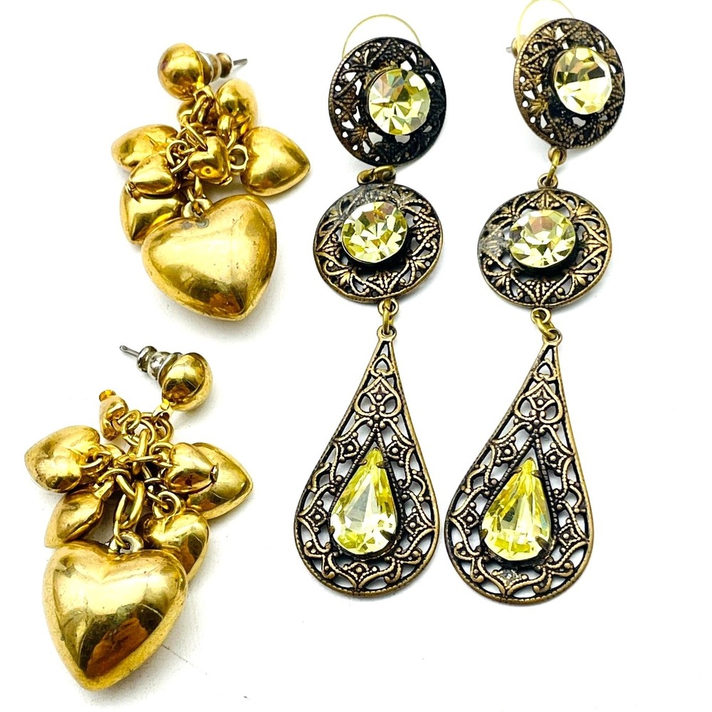 Pierced Earrings Lot of 2 Gold Tone Heart Dangle and Rhinestone Teardrop